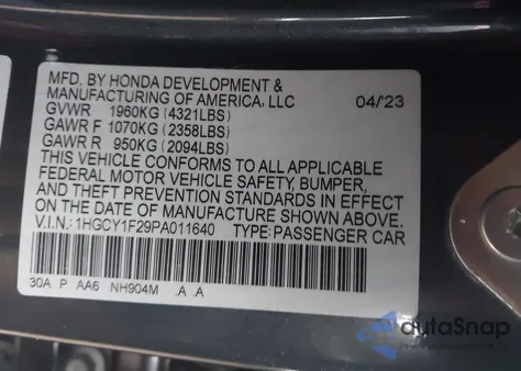 2023 Honda Accord Lx из США, поврежденный, VIN 1HGCY1F29PA011640